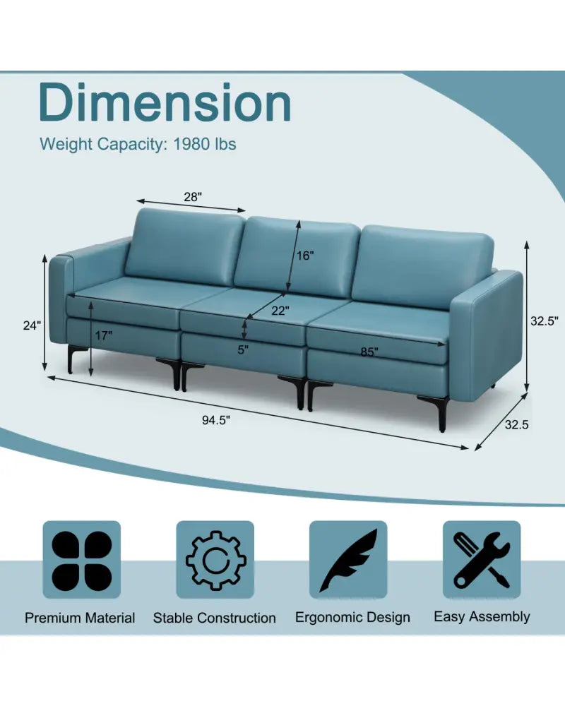 Convertible Leather Sofa Couch with Magazine Pockets 3-Seat with 2 USB Port-Blue - Blue - Sofas & Loveseats