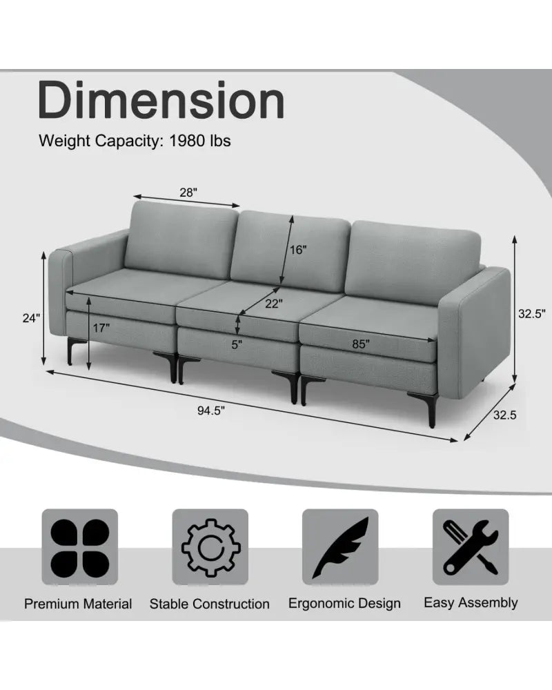 Convertible Leather Sofa Couch with Magazine Pockets 3-Seat with 2 USB Port-Dark Gray - Dark Gray - Sofas & Loveseats