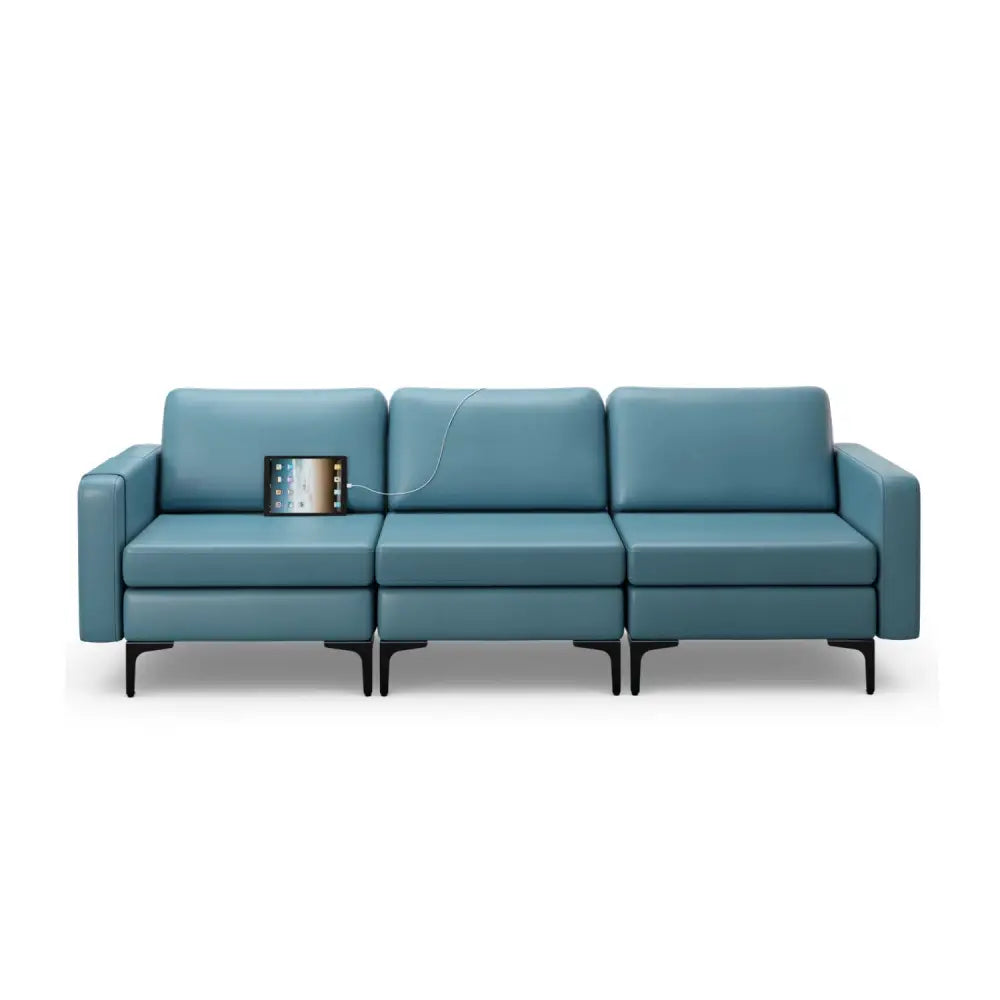 Convertible Leather Sofa Couch with Magazine Pockets 3-Seat with 2 USB Port-Blue - Blue - Sofas & Loveseats