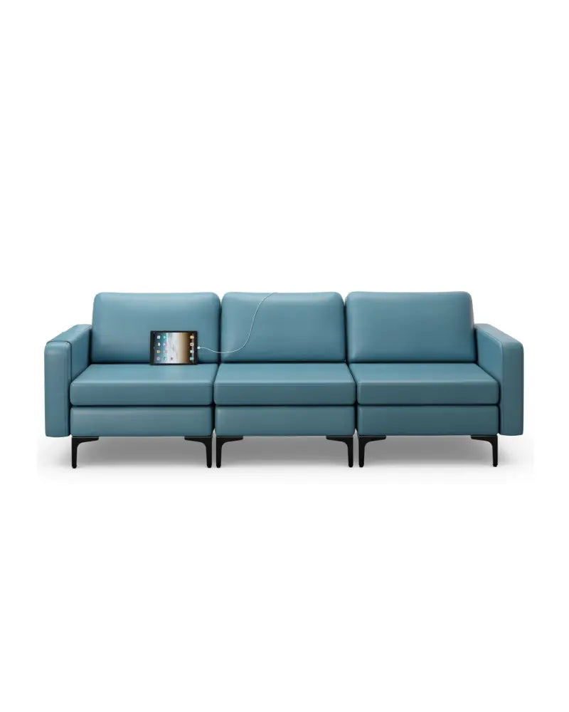 Convertible Leather Sofa Couch with Magazine Pockets 3-Seat with 2 USB Port-Blue - Blue - Sofas & Loveseats