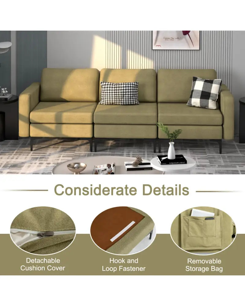 Convertible Leather Sofa Couch with Magazine Pockets 3-Seat with 2 USB Port-Green - Green - Sofas & Loveseats