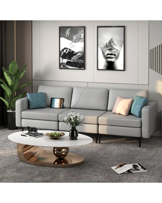 Convertible Leather Sofa Couch with Magazine Pockets 3-Seat with 2 USB Port-Light Gray - Light Gray - Sofas & Loveseats
