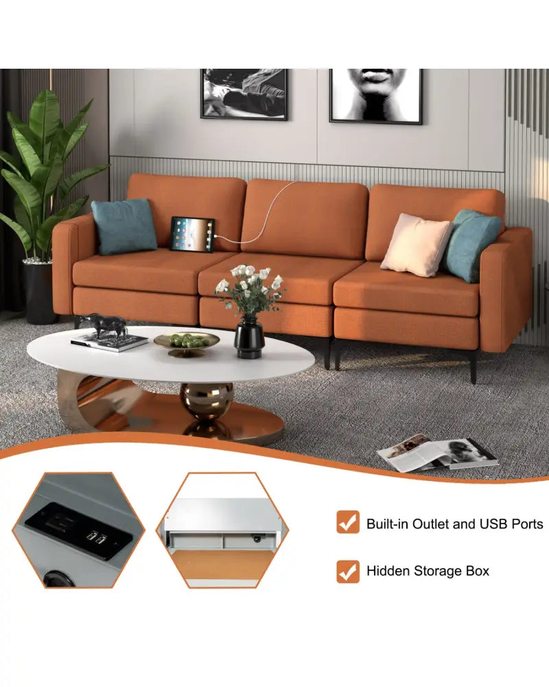 Convertible Leather Sofa Couch with Magazine Pockets 3-Seat with 2 USB Port-Orange - Orange - Sofas & Loveseats