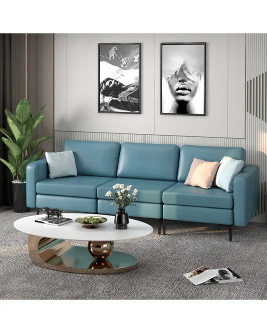Convertible Leather Sofa Couch with Magazine Pockets 3-Seat with 2 USB Port-Blue - Blue - Sofas & Loveseats