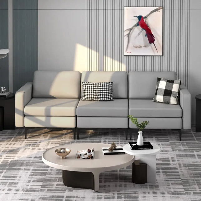 Convertible Leather Sofa Couch with Magazine Pockets 3-Seat with 2 USB Port-Light Gray - Light Gray - Sofas & Loveseats