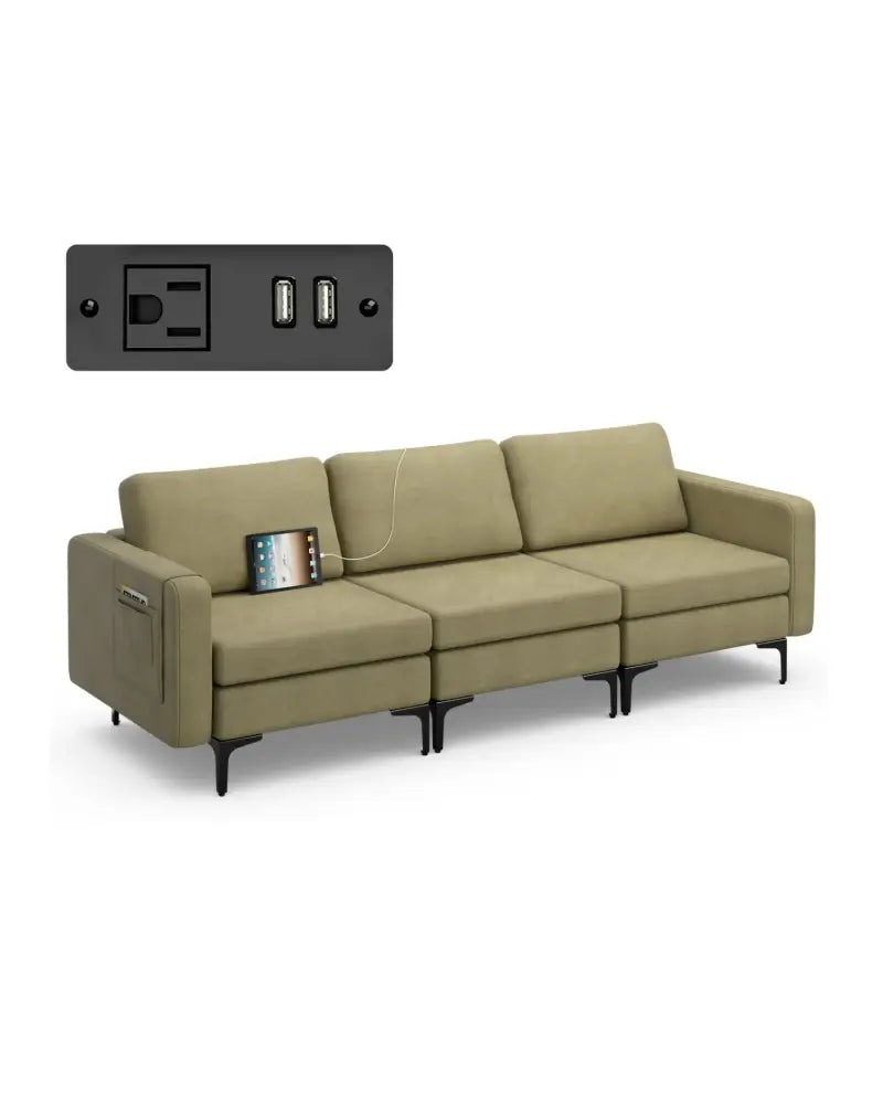 Convertible Leather Sofa Couch with Magazine Pockets 3-Seat with 2 USB Port-Green - Green - Sofas & Loveseats