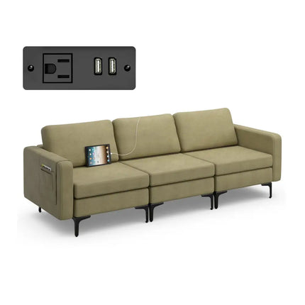 Convertible Leather Sofa Couch with Magazine Pockets 3-Seat with 2 USB Port-Green - Green - Sofas & Loveseats