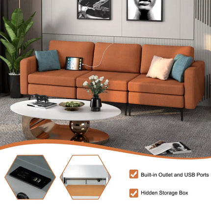 Convertible Leather Sofa Couch with Magazine Pockets 3-Seat with 2 USB Port-Orange - Orange - Sofas & Loveseats