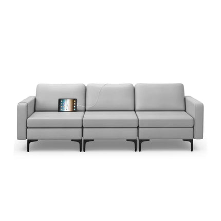 Convertible Leather Sofa Couch with Magazine Pockets 3-Seat with 2 USB Port-Light Gray - Light Gray - Sofas & Loveseats