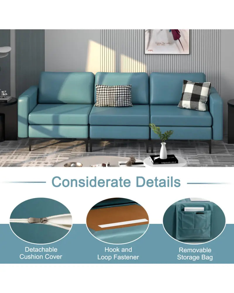 Convertible Leather Sofa Couch with Magazine Pockets 3-Seat with 2 USB Port-Blue - Blue - Sofas & Loveseats