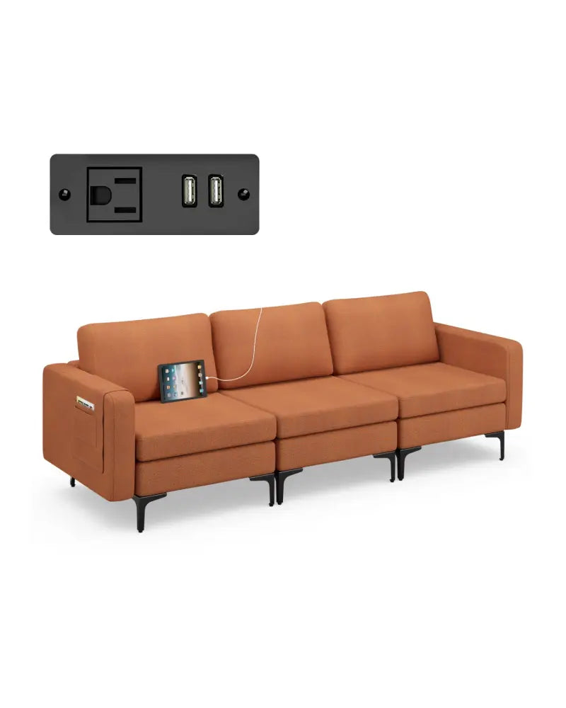 Convertible Leather Sofa Couch with Magazine Pockets 3-Seat with 2 USB Port-Orange - Orange - Sofas & Loveseats