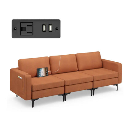 Convertible Leather Sofa Couch with Magazine Pockets 3-Seat with 2 USB Port-Orange - Orange - Sofas & Loveseats