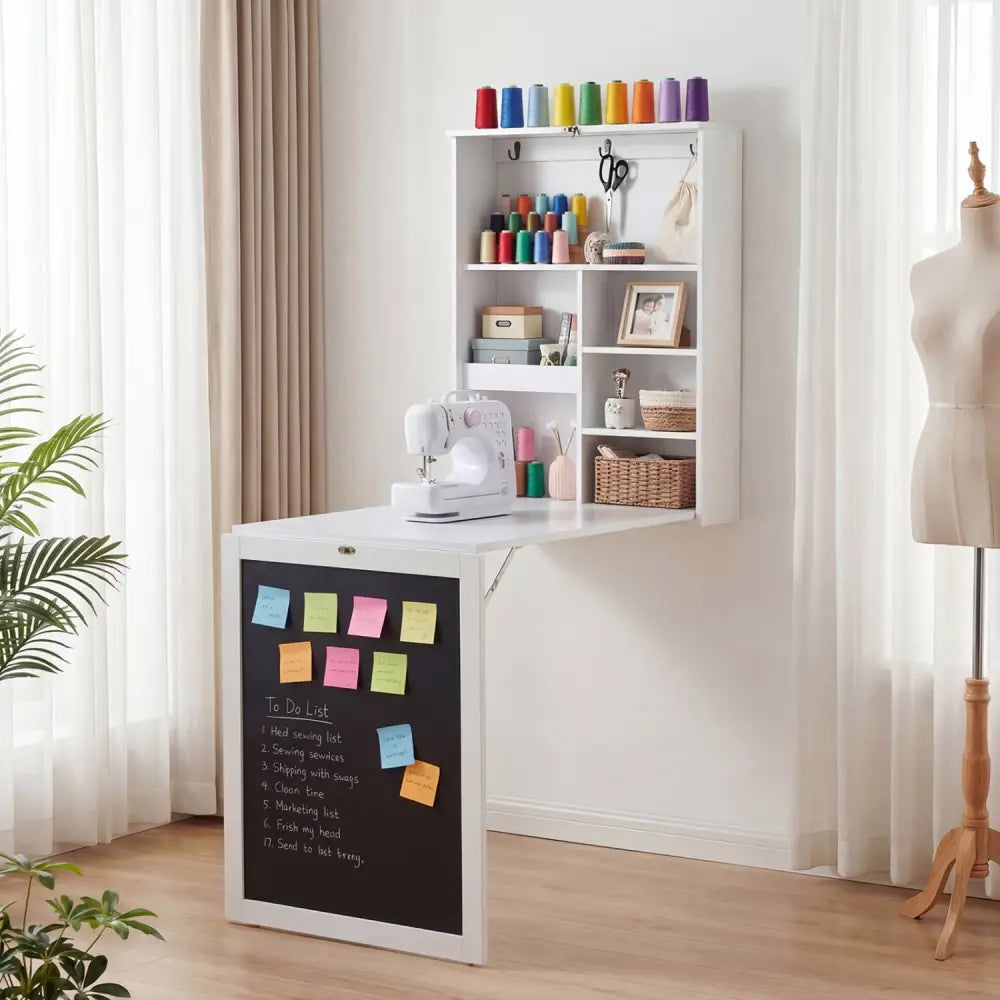 Convertible Wall Mounted Table with A Chalkboard-White - White - Laptop Tables & Printer Stands