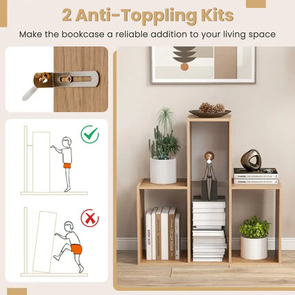 Convex Bookshelf 3-Shelf Open Bookcase Room Organizer with Anti-Toppling Device - Natural - Bookcases