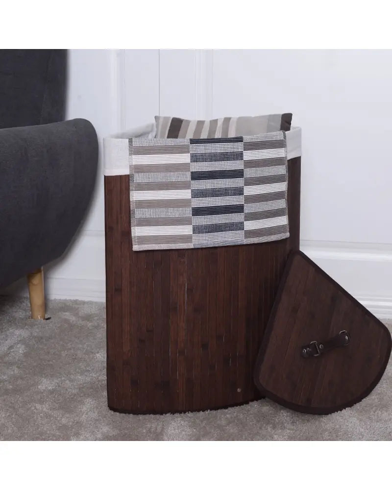 Corner Bamboo Hamper Laundry Basket-Brown - Brown - Laundry Baskets