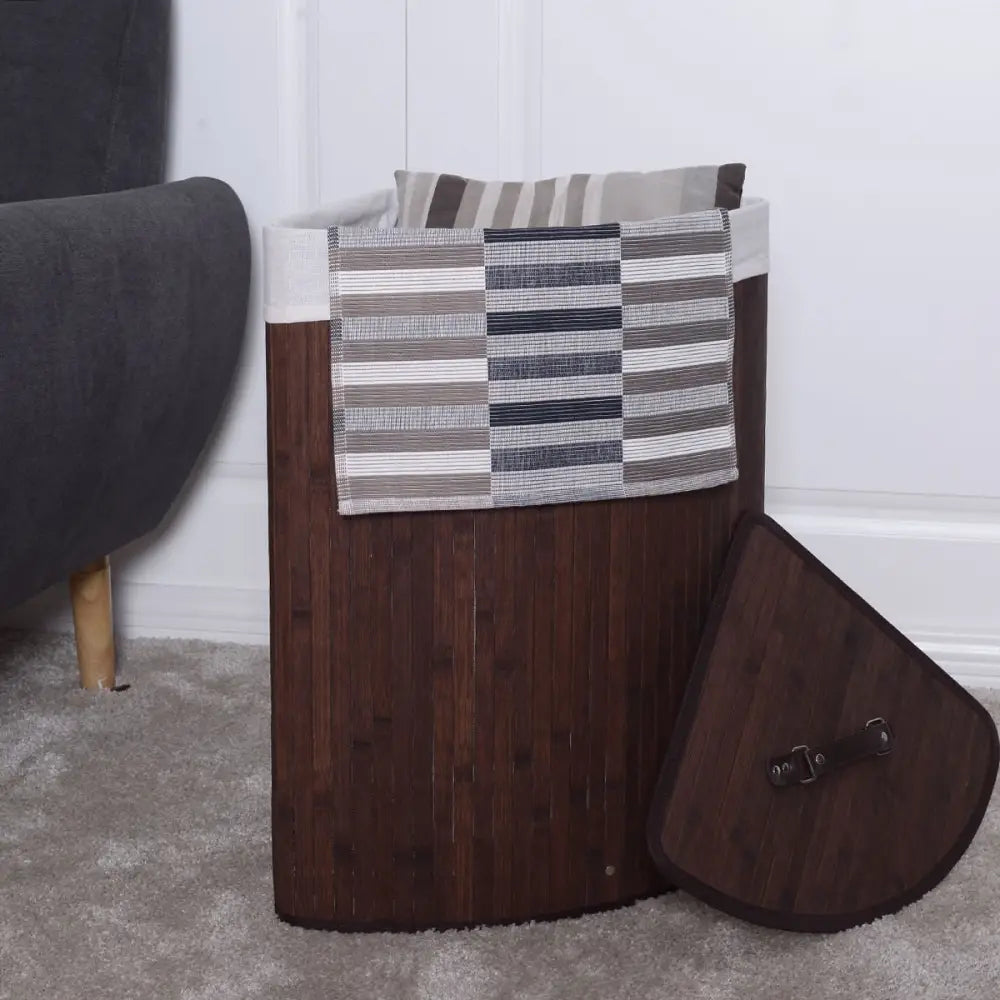 Corner Bamboo Hamper Laundry Basket-Brown - Brown - Laundry Baskets