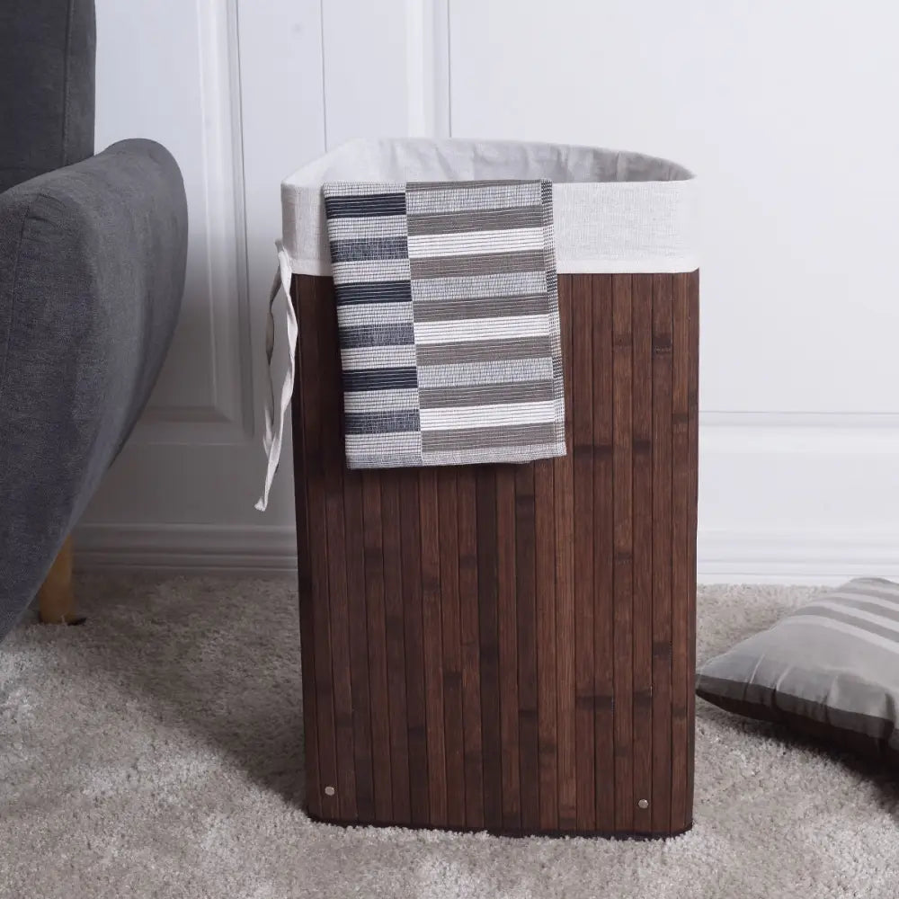 Corner Bamboo Hamper Laundry Basket-Brown - Brown - Laundry Baskets