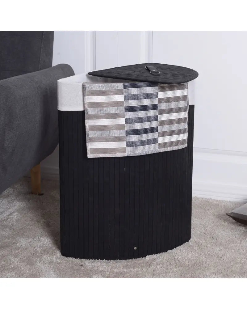 Corner Bamboo Hamper Laundry Basket with Lid and Removable Liner-Black - Black - Laundry Baskets