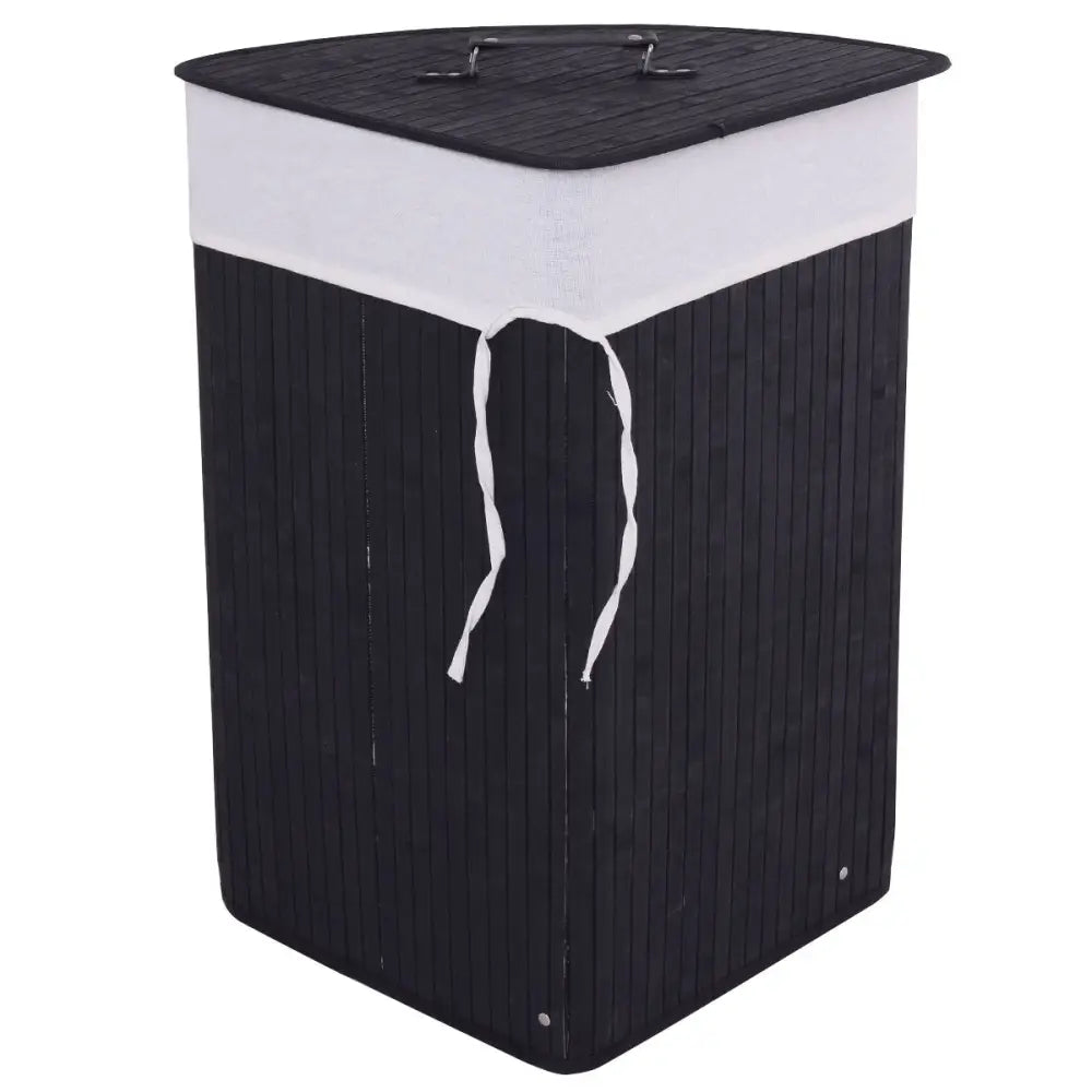 Corner Bamboo Hamper Laundry Basket with Lid and Removable Liner-Black - Black - Laundry Baskets