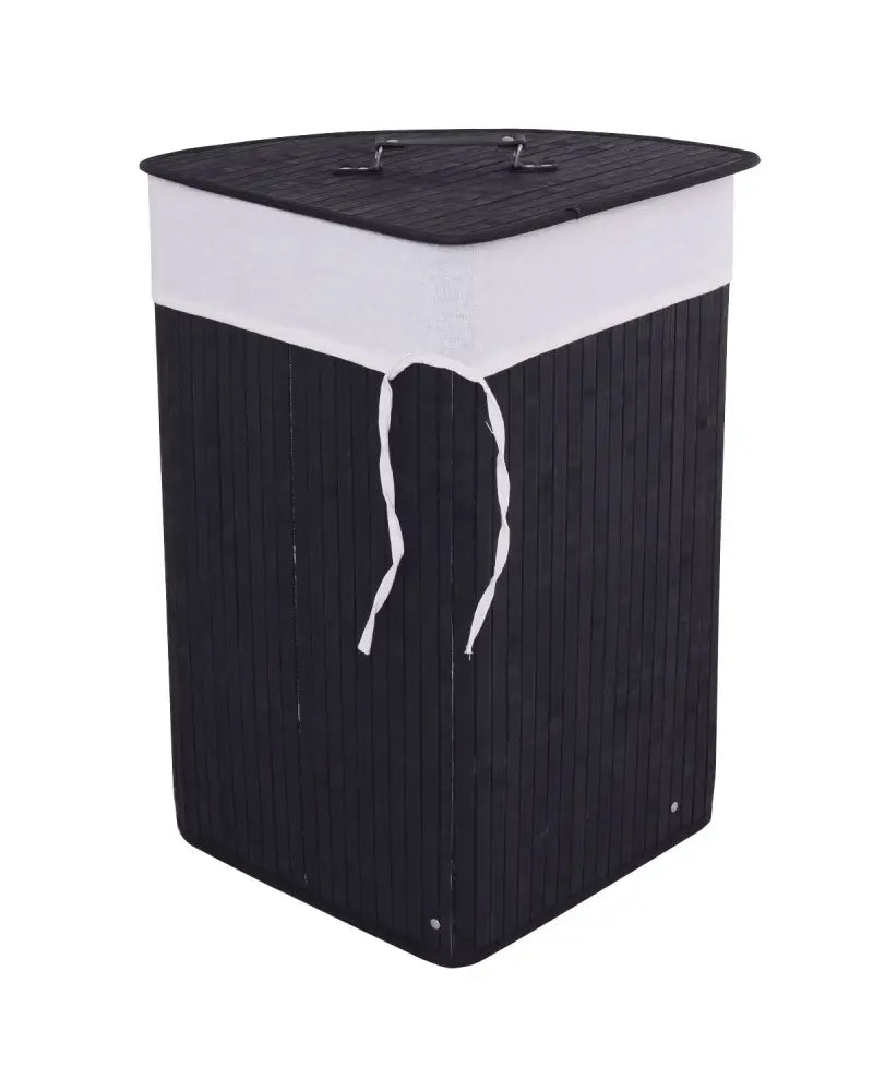 Corner Bamboo Hamper Laundry Basket with Lid and Removable Liner-Black - Black - Laundry Baskets