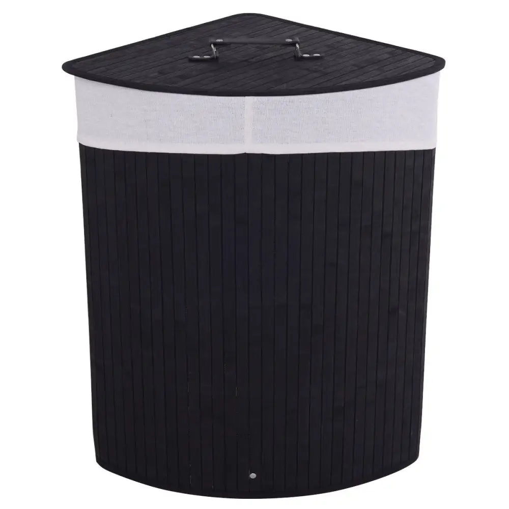 Corner Bamboo Hamper Laundry Basket with Lid and Removable Liner-Black - Black - Laundry Baskets