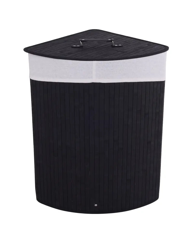 Corner Bamboo Hamper Laundry Basket with Lid and Removable Liner-Black - Black - Laundry Baskets