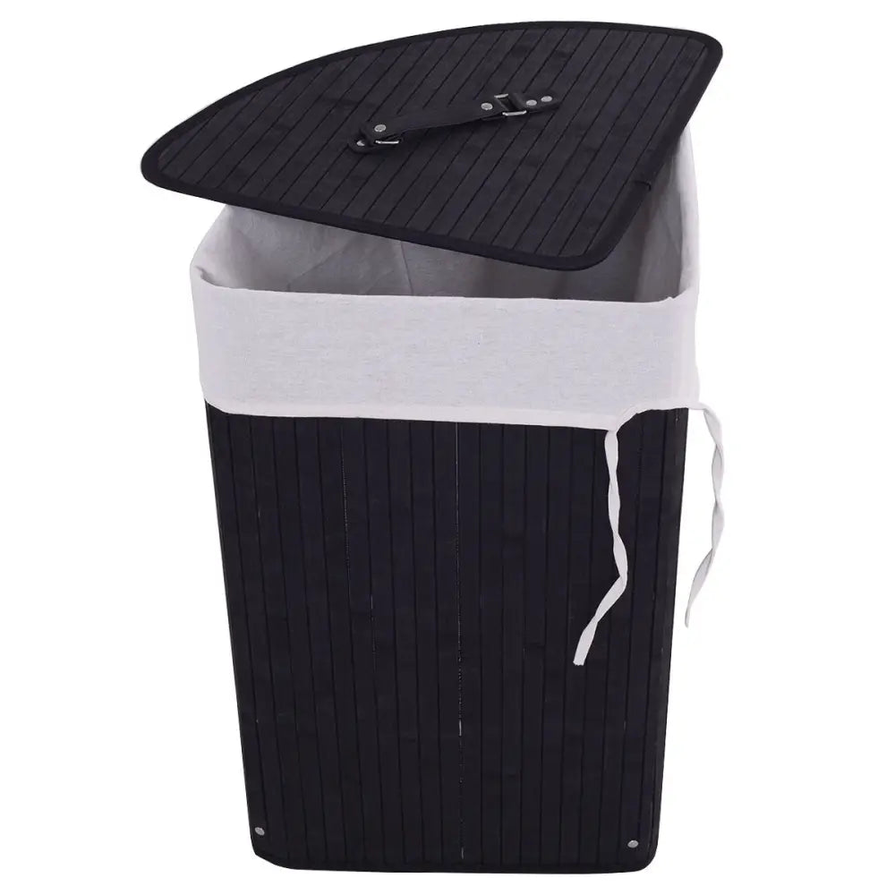 Corner Bamboo Hamper Laundry Basket with Lid and Removable Liner-Black - Black - Laundry Baskets