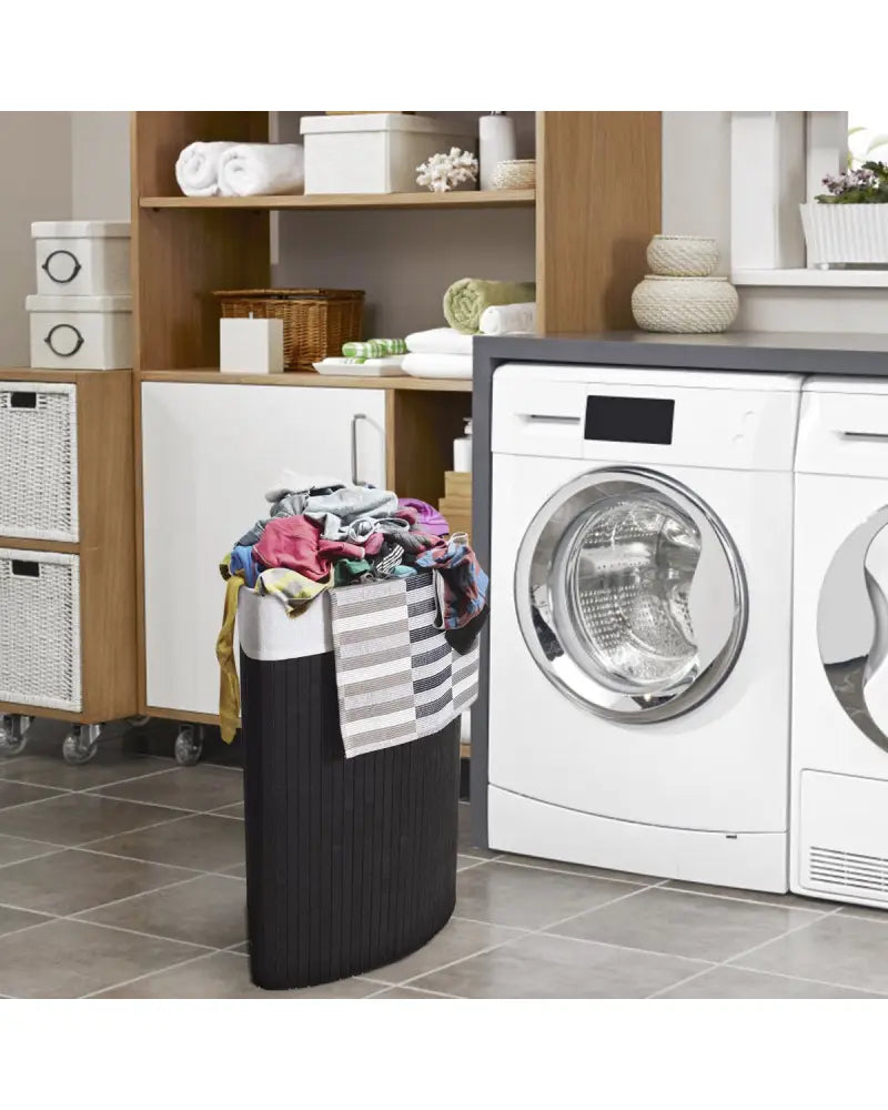 Corner Bamboo Hamper Laundry Basket with Lid and Removable Liner-Black - Black - Laundry Baskets