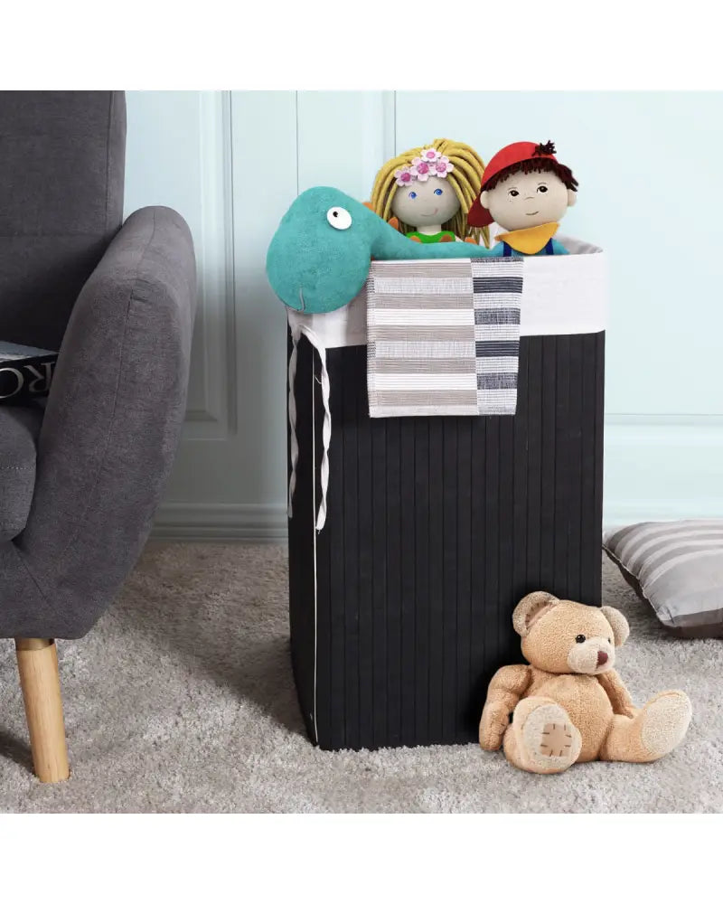 Corner Bamboo Hamper Laundry Basket with Lid and Removable Liner-Black - Black - Laundry Baskets