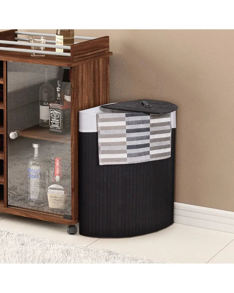 Corner Bamboo Hamper Laundry Basket with Lid and Removable Liner-Black - Black - Laundry Baskets
