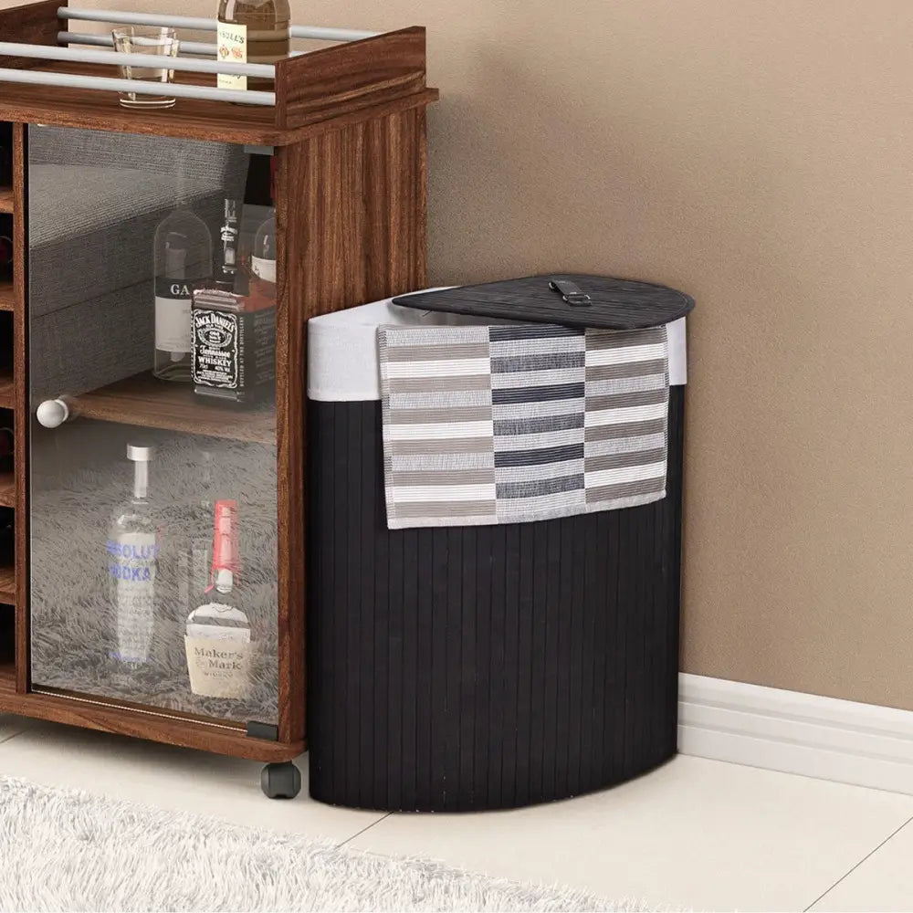 Corner Bamboo Hamper Laundry Basket with Lid and Removable Liner-Black - Black - Laundry Baskets