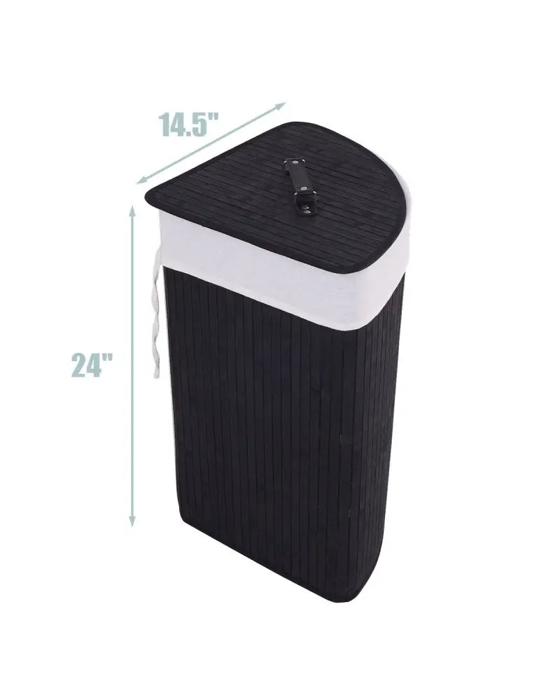 Corner Bamboo Hamper Laundry Basket with Lid and Removable Liner-Black - Black - Laundry Baskets