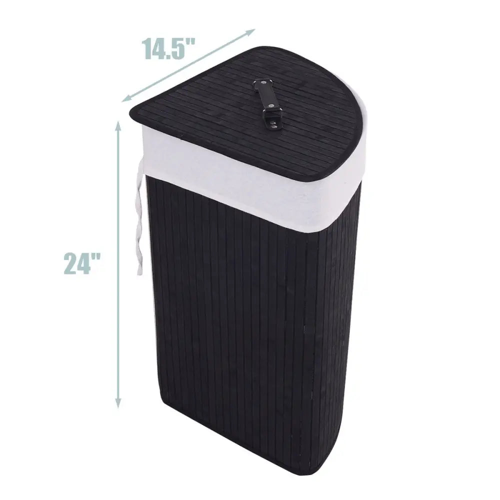 Corner Bamboo Hamper Laundry Basket with Lid and Removable Liner-Black - Black - Laundry Baskets