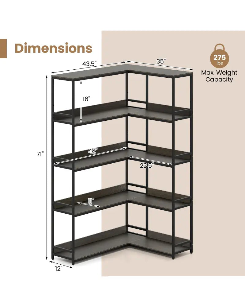 Corner Bookshelf 5-Tier L-Shaped Bookcase Etagere Bookshelf with Metal Frame-Oak - Oak - Bookcases