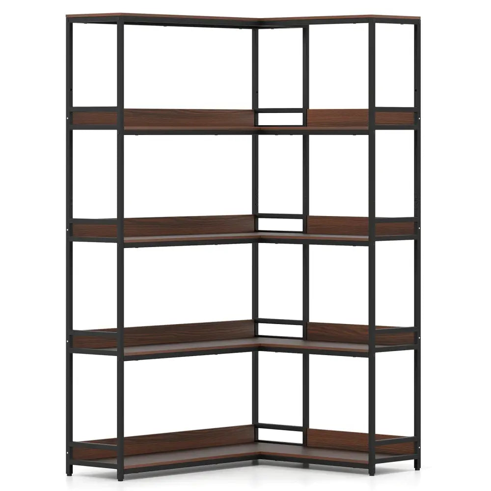 Corner Bookshelf 5-Tier L-Shaped Bookcase Etagere Bookshelf with Metal Frame-Walnut - Walnut - Bookcases