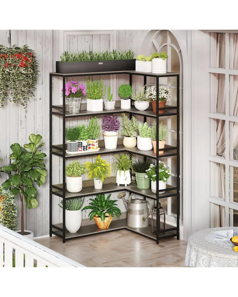 Corner Bookshelf 5-Tier L-Shaped Bookcase Etagere Bookshelf with Metal Frame-Oak - Oak - Bookcases