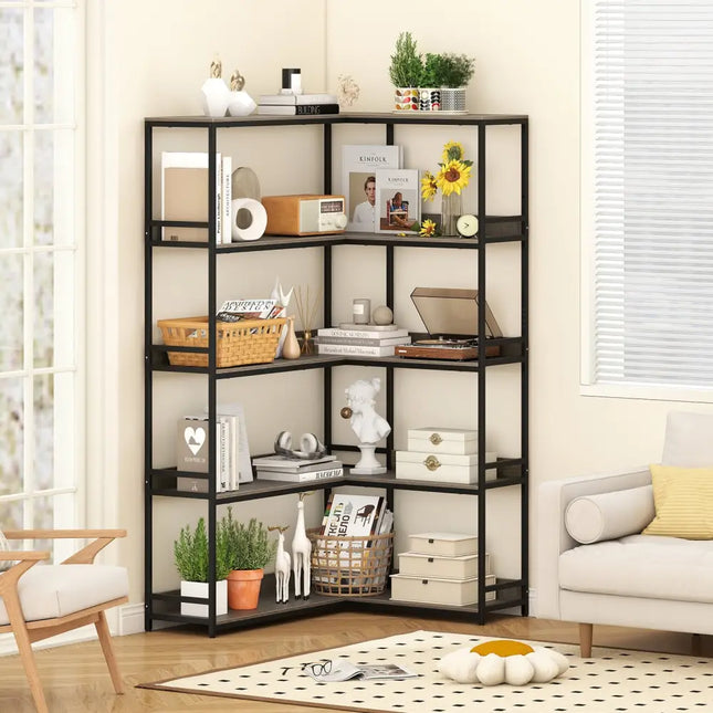 Corner Bookshelf 5-Tier L-Shaped Bookcase Etagere Bookshelf with Metal Frame-Oak - Oak - Bookcases