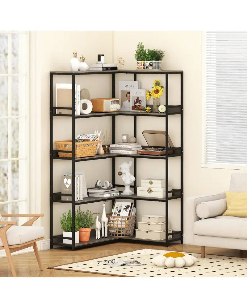 Corner Bookshelf 5-Tier L-Shaped Bookcase Etagere Bookshelf with Metal Frame-Oak - Oak - Bookcases