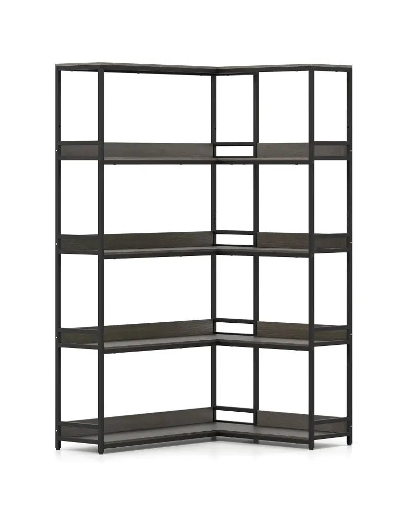 Corner Bookshelf 5-Tier L-Shaped Bookcase Etagere Bookshelf with Metal Frame-Oak - Oak - Bookcases