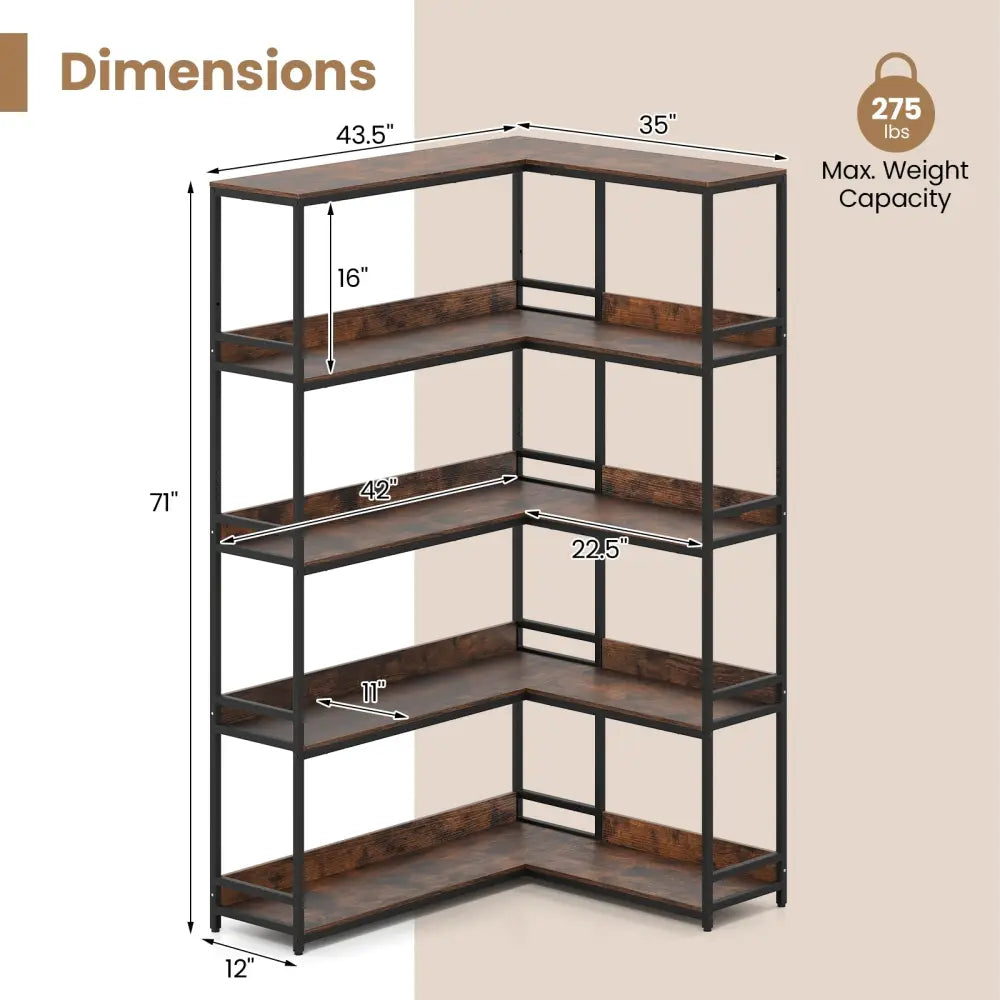 Corner Bookshelf 5-Tier L-Shaped Bookcase Etagere Bookshelf with Metal Frame-Rustic Brown - Rustic Brown - Bookcases