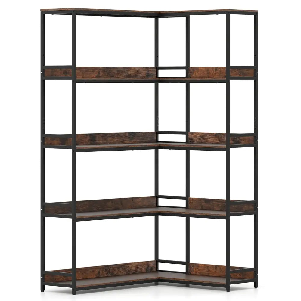 Corner Bookshelf 5-Tier L-Shaped Bookcase Etagere Bookshelf with Metal Frame-Rustic Brown - Rustic Brown - Bookcases