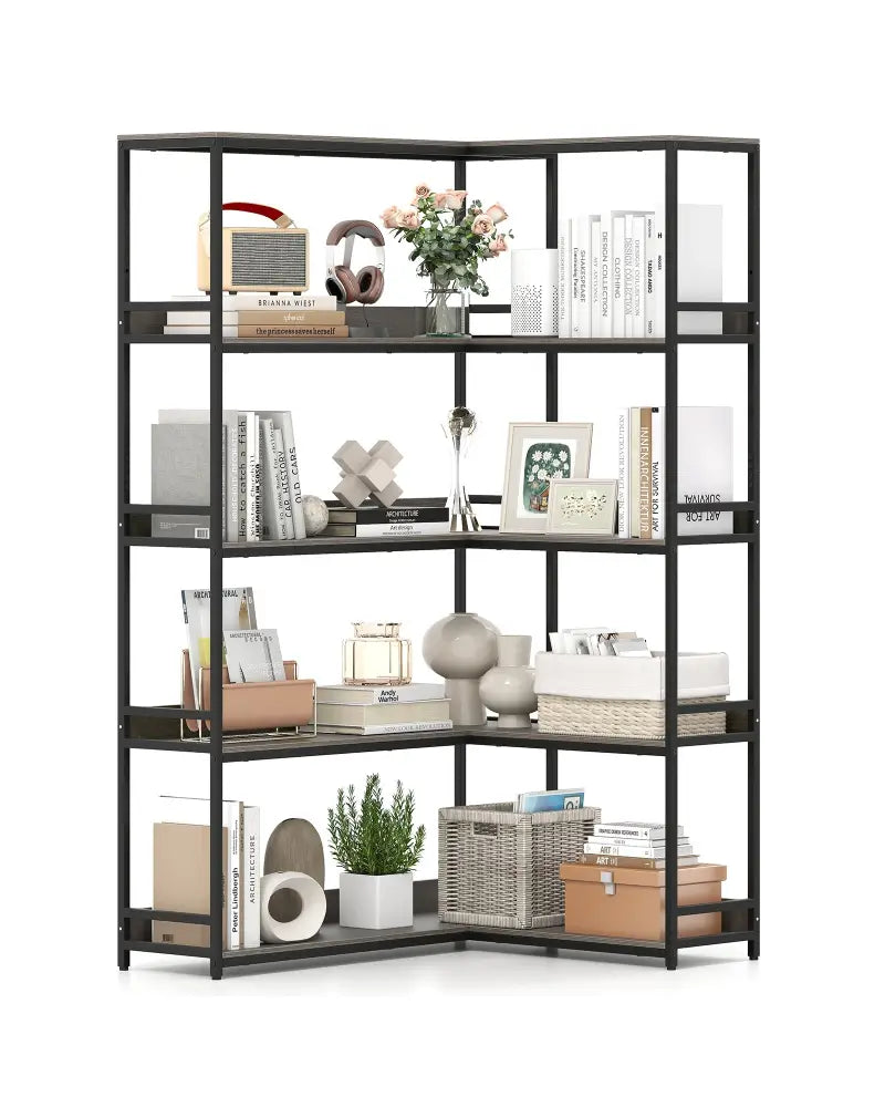 Corner Bookshelf 5-Tier L-Shaped Bookcase Etagere Bookshelf with Metal Frame-Oak - Oak - Bookcases