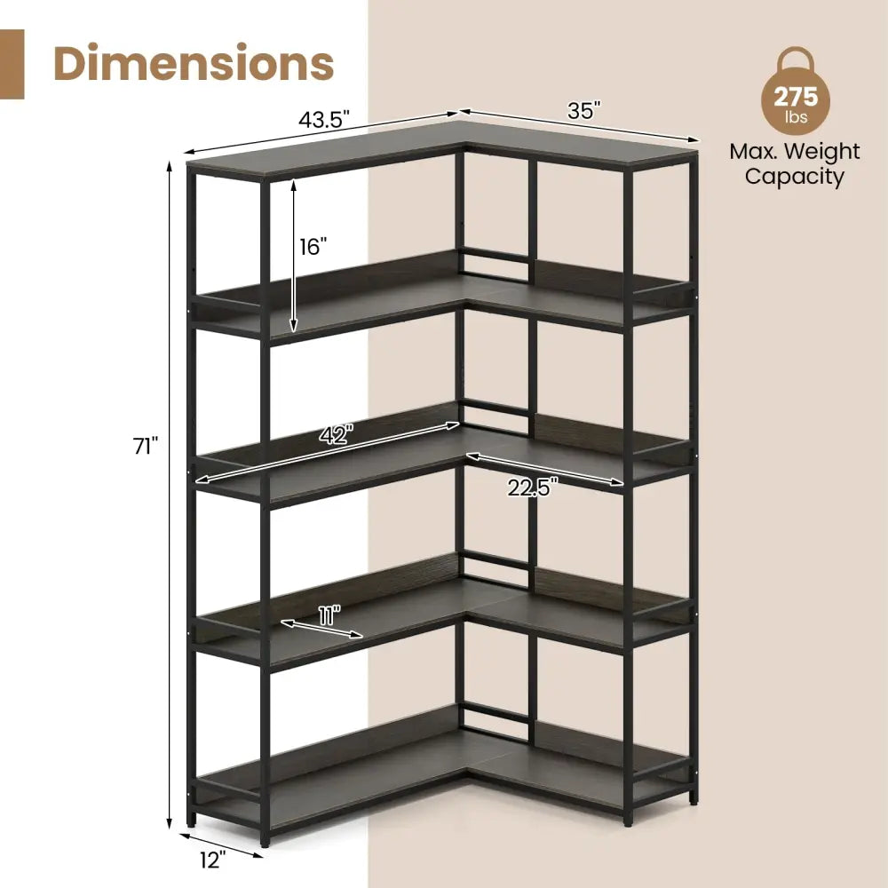 Corner Bookshelf 5-Tier L-Shaped Bookcase Etagere Bookshelf with Metal Frame-Oak - Oak - Bookcases