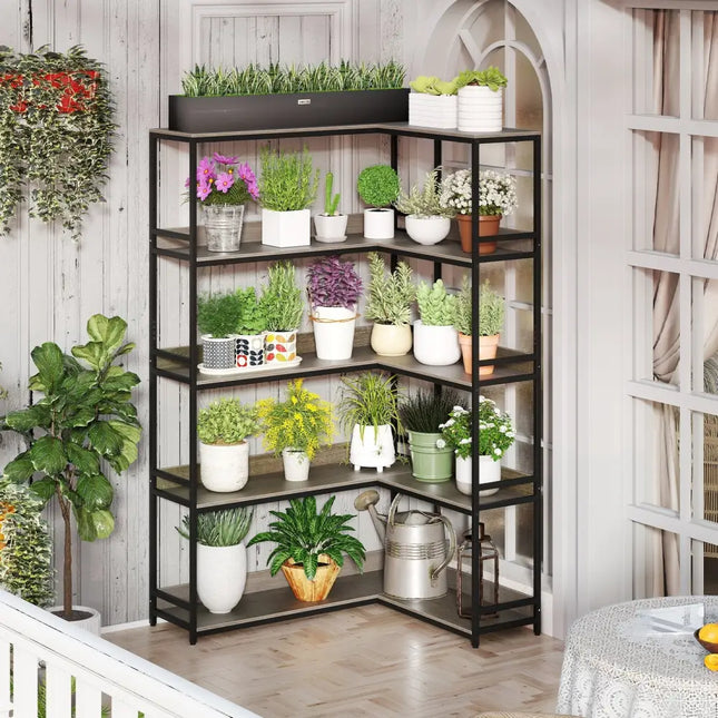 Corner Bookshelf 5-Tier L-Shaped Bookcase Etagere Bookshelf with Metal Frame-Oak - Oak - Bookcases