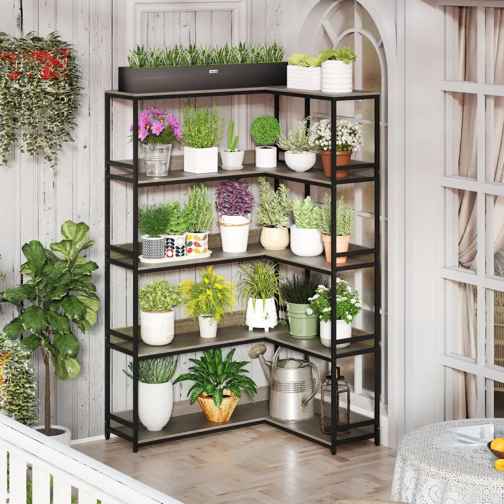 Corner Bookshelf 5-Tier L-Shaped Bookcase Etagere Bookshelf with Metal Frame-Oak - Oak - Bookcases