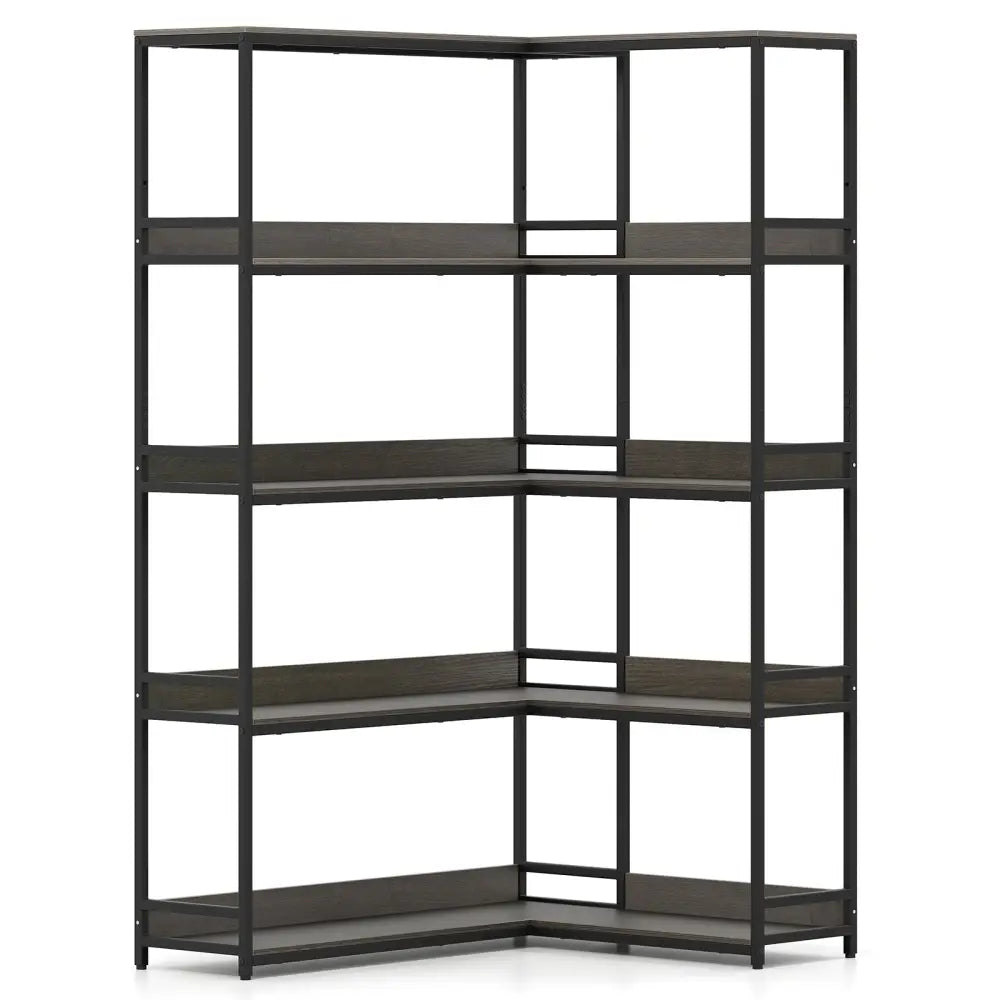 Corner Bookshelf 5-Tier L-Shaped Bookcase Etagere Bookshelf with Metal Frame-Oak - Oak - Bookcases