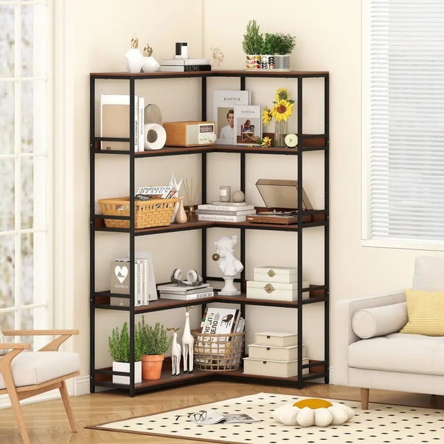 Corner Bookshelf 5-Tier L-Shaped Bookcase Etagere Bookshelf with Metal Frame-Walnut - Walnut - Bookcases