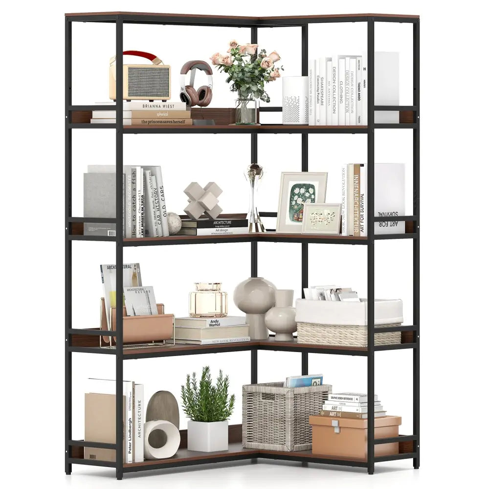 Corner Bookshelf 5-Tier L-Shaped Bookcase Etagere Bookshelf with Metal Frame-Walnut - Walnut - Bookcases