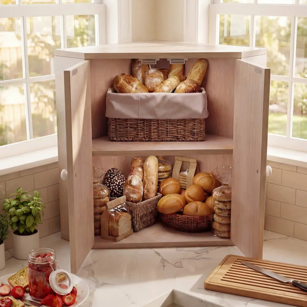 Corner Bread Box for Kitchen Counter Bamboo Double Layer Breadbox Organizer-White - White - Sideboards Cabinets &