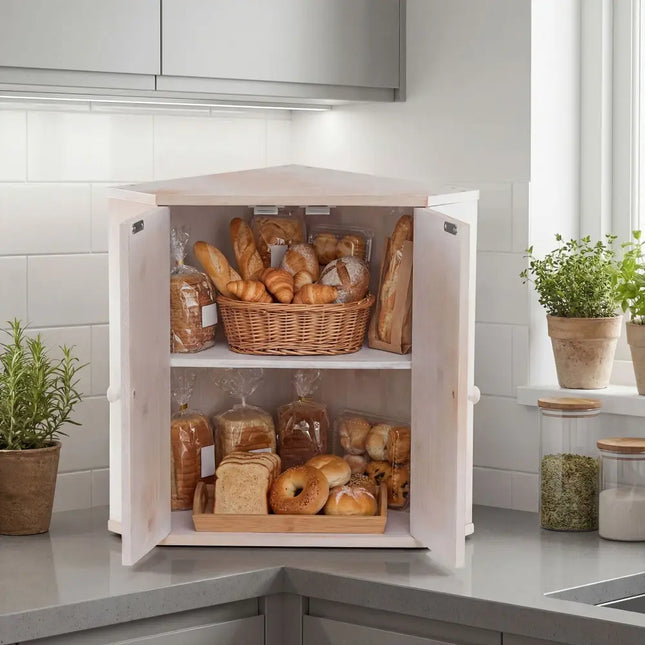 Corner Bread Box for Kitchen Counter Bamboo Double Layer Breadbox Organizer-White - White - Sideboards Cabinets &
